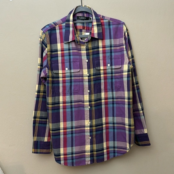 Ralph Lauren Women Botton down Plaid Suede Trim Cotton Twill long sleeve Shirt - Picture 1 of 7